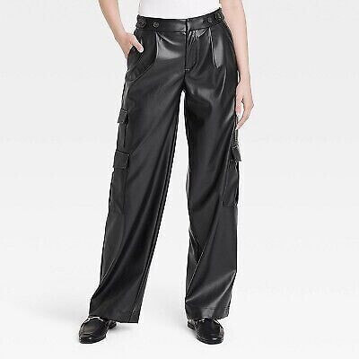 Women's High-Rise Straight Faux Leather Cargo Pants - A New Day Black 0