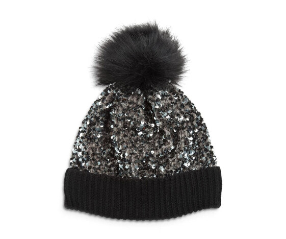 Головной убор с пайетками JOCELYN Sequin 289585 Knit Hat with Faux Fur Pom Pom
