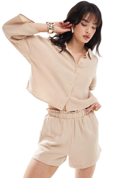 Vero Moda textured cropped shirt co-ord in beige