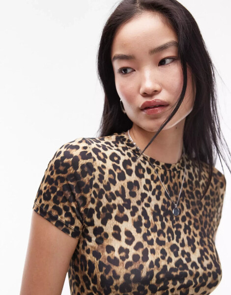 Topshop leopard print microfibre t-shirt in brown