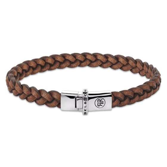 Brown Leather Bracelet Small Braided Raw Cognac RR-L0171-S
