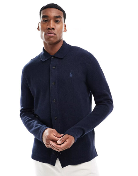 Polo Ralph Lauren tonal icon logo long sleeve button through cotton knit polo in navy