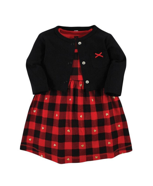 Toddler Girls Hudson Cotton Dress and Cardigan Set, Gold Heart Buffalo Plaid