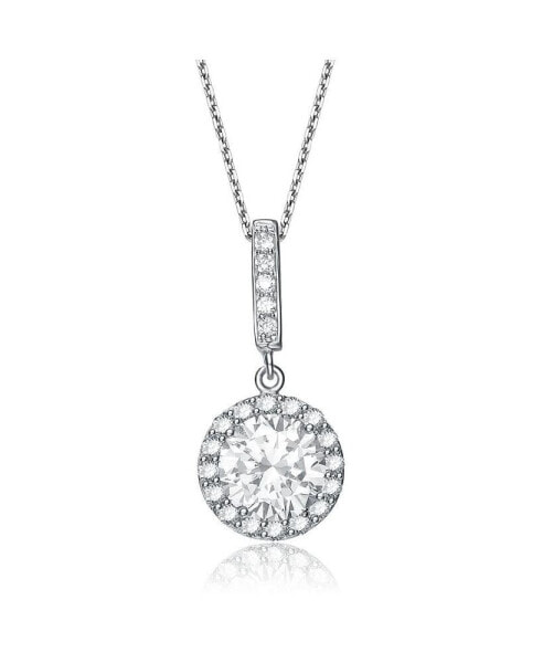 Sterling Silver White Gold Plated Cubic Zirconia Round Stud Style Drop Pendant