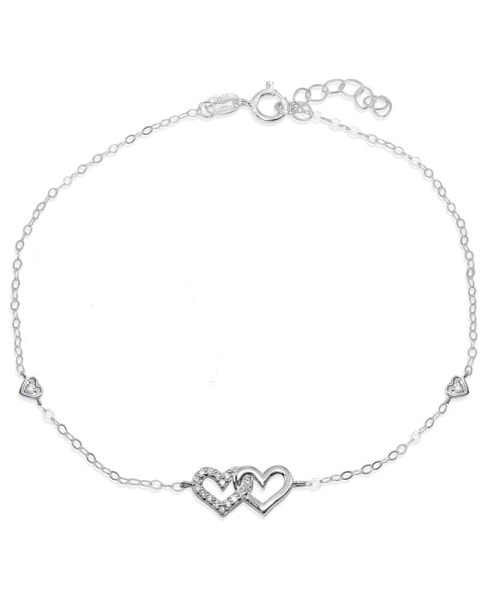 Cubic Zirconia Pavé Interlocking Hearts Ankle Bracelet in Sterling Silver or Two Tone Sterling Silver & 18K Gold-Plated Sterling Silver