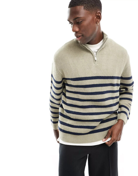 ASOS DESIGN oversized knitted fisherman rib 1/4 jumper in stone and navy stripe