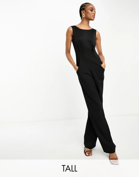 Closet London Tall cowl neck satin jumpsuit in black