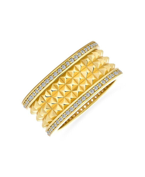 Modern Geometric CZ Accent Statement Spike Wide Band Fashion Ring for Women Matte Gold Plated .925 Sterling Silver