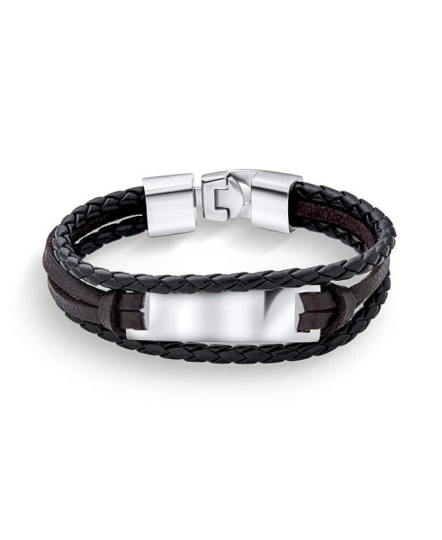 Black Rope Cord Brown leather Stacking Multi Strand Identification Name Bracelet Stainless Steel