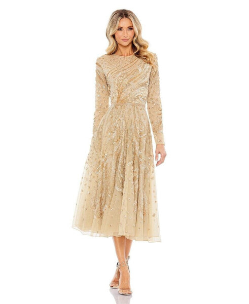 Women's Embellished Illusion High Neck Long Sleeve Dress