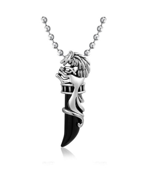 Black CZ Wolf Black Fang Spike Tooth Viking Pendant Necklace Stainless Steel 20 Inch Ball Chain