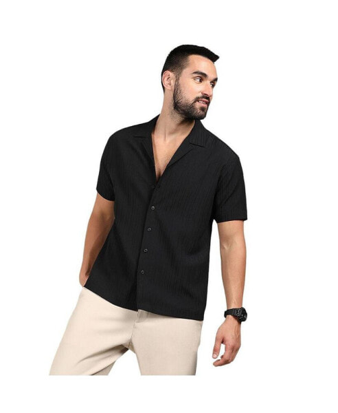 Men's Charcoal Black Self-Design Striped Shirt