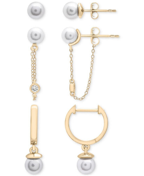 3-Pc. Set Cultured Freshwater Pearl (5mm) & White Topaz (x ct. t.w.) Stud, Chain, & Hoop Earrings in 14k Gold-Plated Sterling Silver