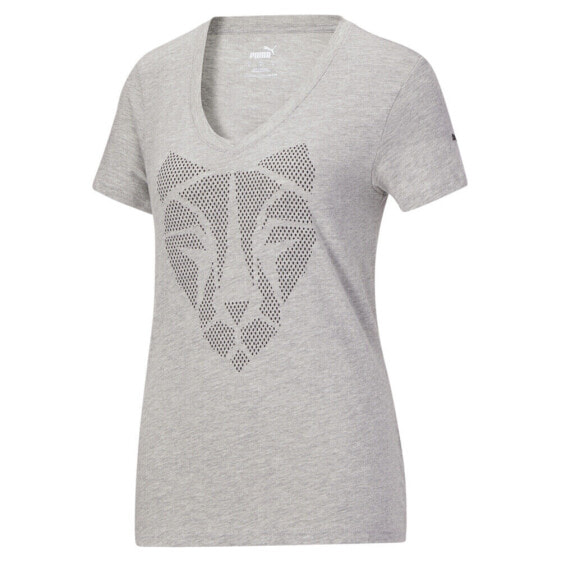 Puma Cat Print Graphic V Neck Short Sleeve T-Shirt Womens Size M Casual Tops 58