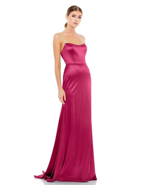 Women's Charmeuse Rhinestone Strap Trumpet Gown