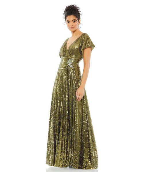 Women's Sequined Butterfly Sleeve Wrap Over A Line Gown