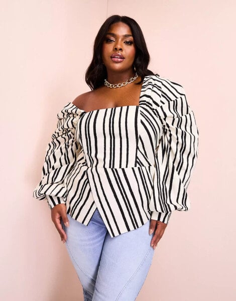 ASOS LUXE Curve cotton poplin exaggerated sleeve top in black and cream stripe