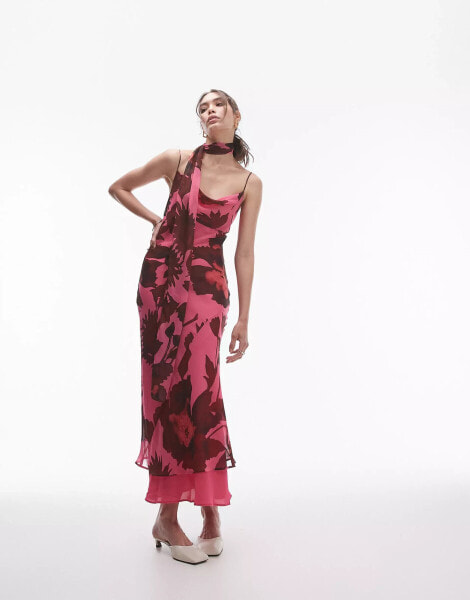 Topshop chiffon cowl slip midi dress in pink oversized floral print with scarf