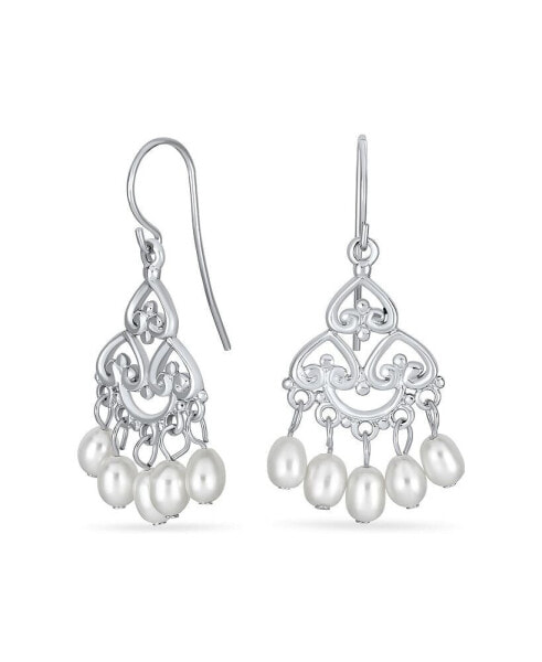 White Freshwater Cultured Pearl Filigree Dangle Chandelier Earrings For Women Sterling Silver