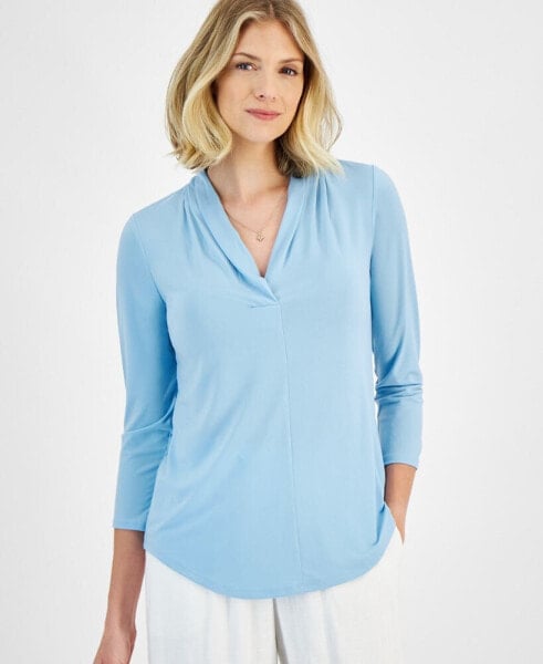 Women's 3/4 Sleeve V-Neck Pleat Top, Created for Macy's