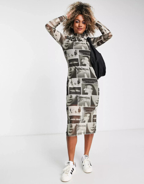 JJXX high neck mesh midi dress in newspaper print