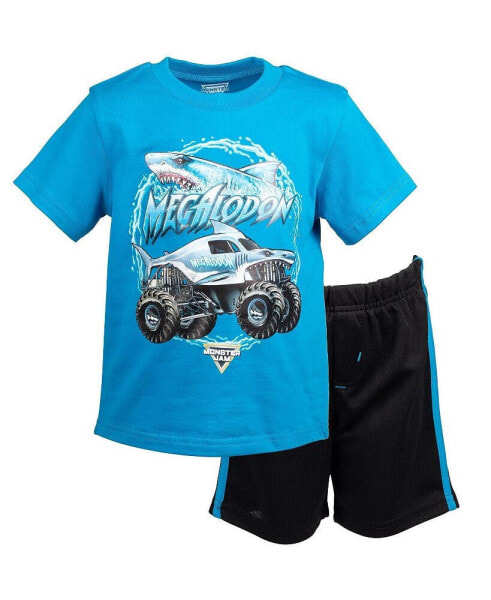 Boys Megalodon Athletic Pullover T-Shirt Mesh Shorts Outfit Set Blue / Black