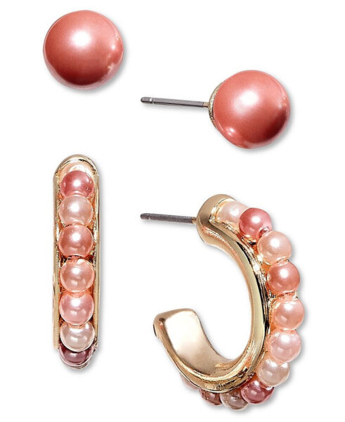 Gold-Tone 2-Pc. Set Imitation Pearl Stud & Hoop Earrings, Created for Macy's