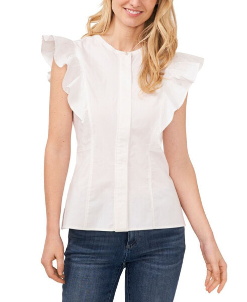Women's Solid Flutter Sleeve Covered Placket Blouse