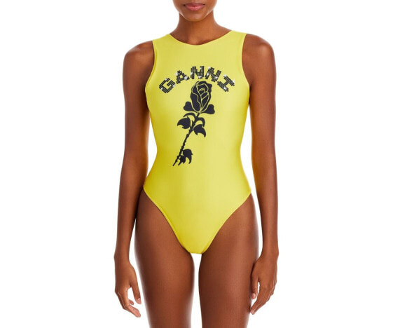 Ganni Womens Butterfly Graphic Embellished One Piece Swimsuit Yellow Size S 36