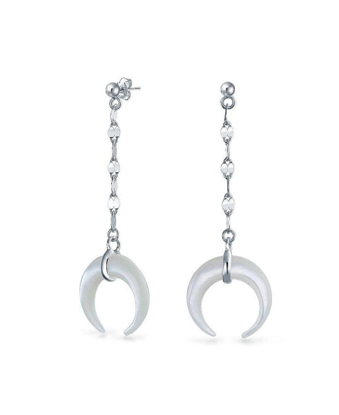 Crescent Moon White Shell Celestial Italian Horn Cornicello Dangle Linear Drop Earrings For Women Sterling Silver