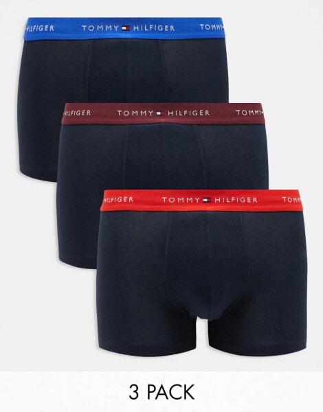 Tommy Hilfiger Signature Essential 3 pack trunk in black with burgundy/red/blue waistbands