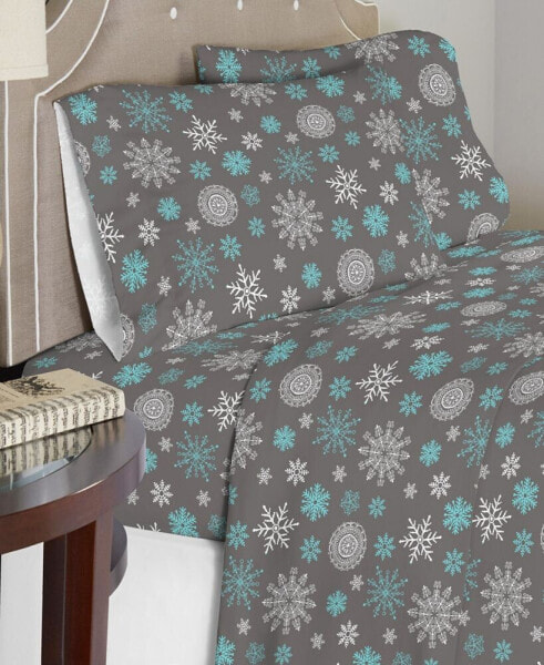 Luxury Weight Snowflakes Printed Cotton Flannel Sheet Set, Full