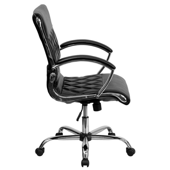 Mid-Back Designer Black Leather Executive Swivel Chair With Chrome Base And Arms