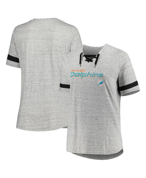 Women's Heather Gray Miami Dolphins Plus Size Lace-Up V-Neck T-shirt