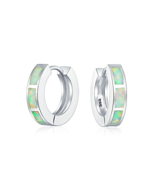 White Synthetic Opal Inlay Iridescent Huggie Hoop Earrings For Women Sterling Silver