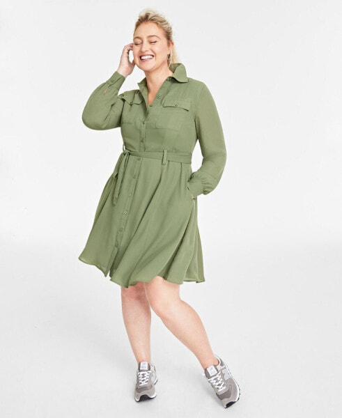 Women's Long-Sleeve Belted Shirtdress, Created for Macy's