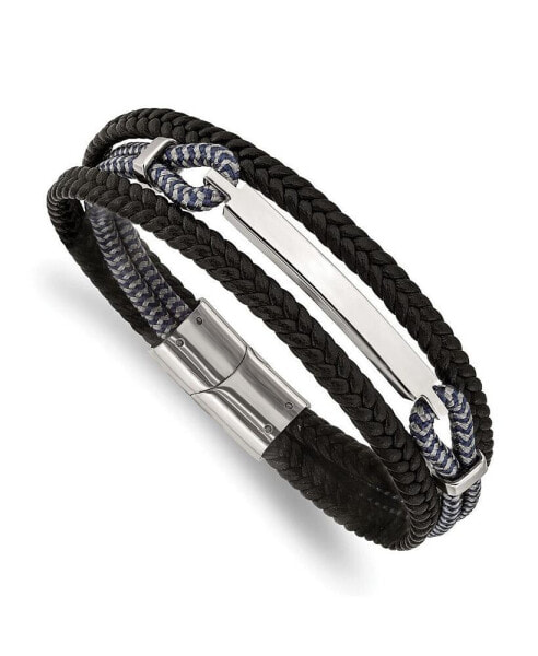 Stainless Steel Black Leather Black Grey Cotton ID Bracelet