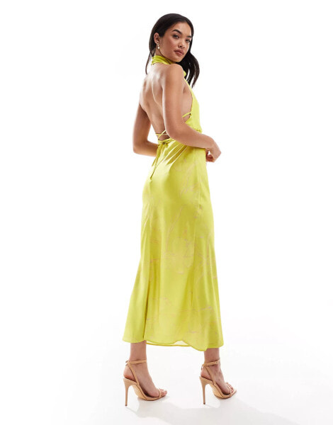 ASOS DESIGN satin cowl neck midaxi dress with tie waist in lime oversized floral print