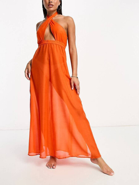 Женское повседневное платье Vero Moda Maxi-Strandkleid in leuchtendem Orange mit überkreuztem Neckholder-Träger