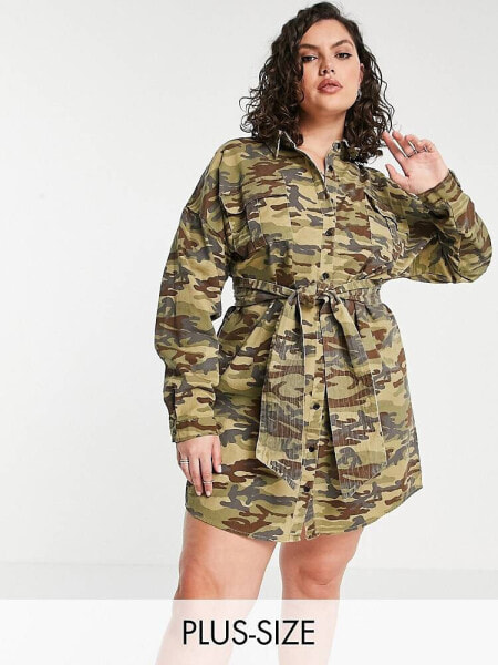 Missguided Plus dress with tie waist in camo