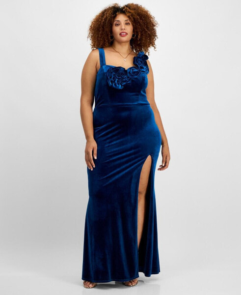 Trendy Plus Size Velvet Floral-Trim Gown