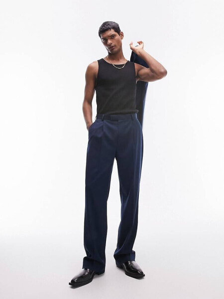 Topman straight high waisted trousers in navy