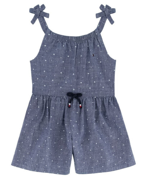 Toddler Girls Romper Printed Chambray Drawstring Straps Romper, 1 Piece Set