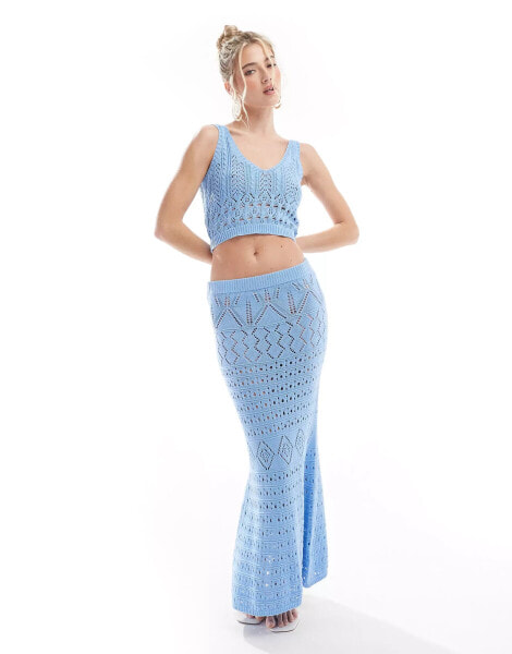 Threadbare crochet crop top & maxi skirt set in blue