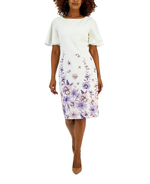 Petite Floral Flutter-Sleeve Sheath Dress