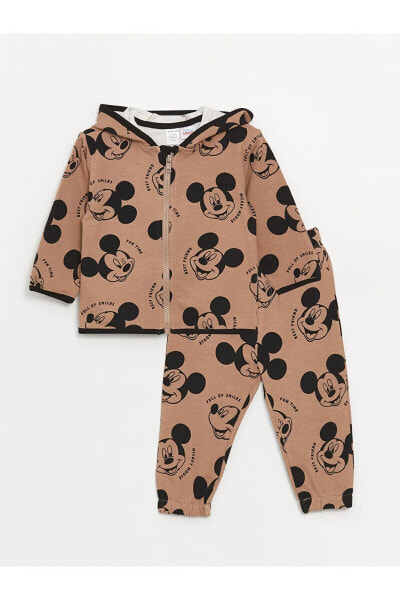 Kapüşonlu Uzun Kollu Mickey Mouse Baskılı Erkek Bebek Sweatshirt ve Eşofman Alt 2'li