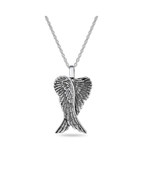 Bling Jewelry spiritual Amulet Guardian Angel Wing Feather Heart Pendant Necklace For Women For Teen Antiqued .925 Sterling Silver Engrave MED