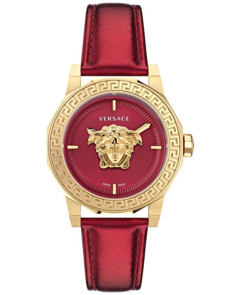 Women's Swiss Medusa Deco Red Leather Strap Watch 38mm