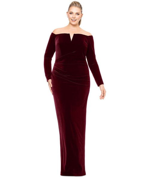 Plus Size Velvet Notch-Neck Off-The-Shoulder Gown