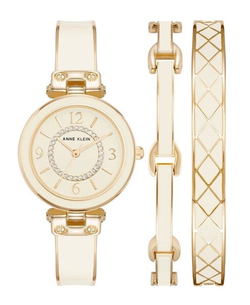 Women's Gold-Tone Alloy Bangle with White Enamel and Crystal Accents Fashion Watch 33mm Set 3 Pieces